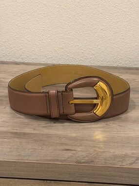 Salvatore Ferragamo Tan Leather Belt with Gold Gancini Buckle 28 inches